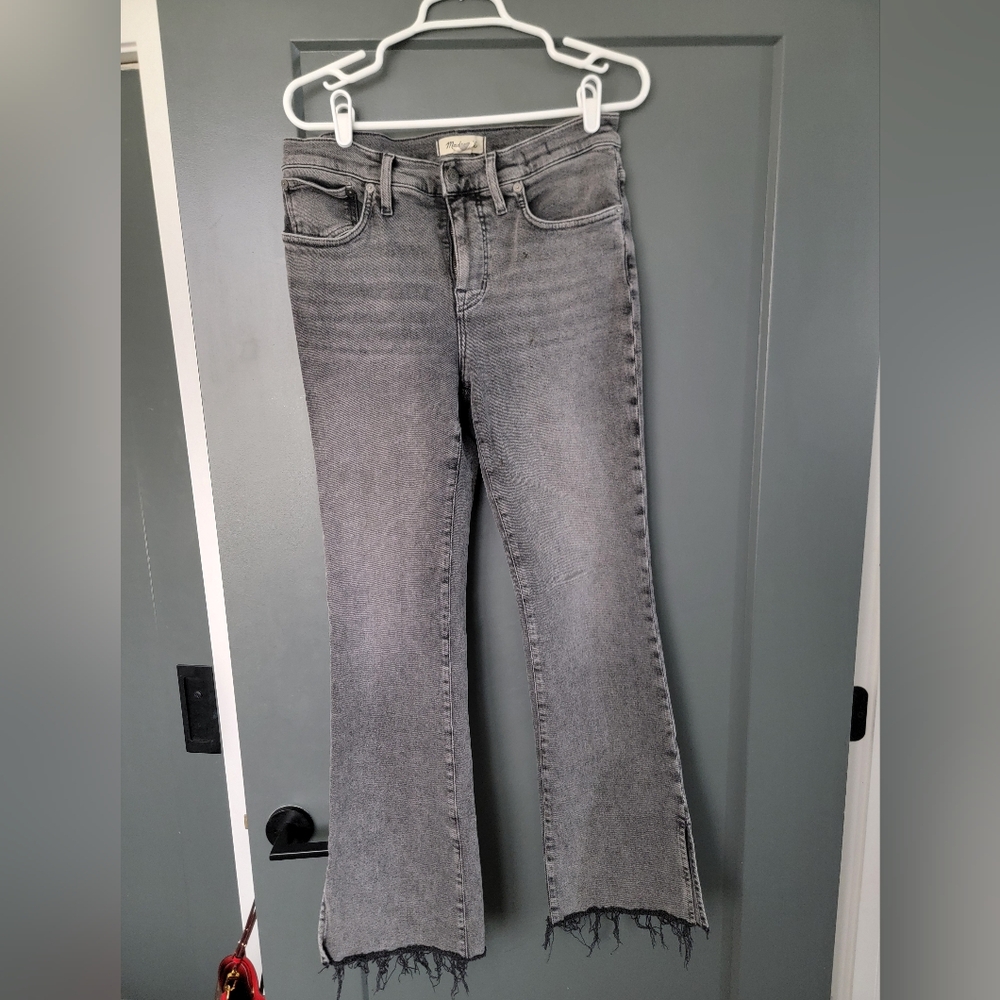 Madewell Kickout Full Length Gray Flare Jeans with Frayed Hem